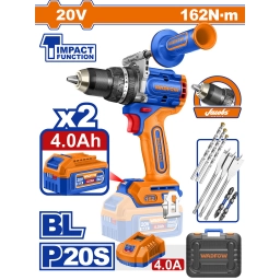 TALADRO ATORN. CON PERCUTOR A BATERIA 20V 162NM + 2 BAT 4.0AH + CARGADOR + ACCESORIOS + VALIJA WADFOW WCDP16281