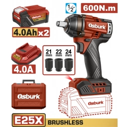 LLAVE DE IMPACTO A BATERIA 25V E25X 12 600NM + 2 BAT 4.0AH + CARGADOR + ACCESORIOS + VALIJA USO INDUSTRIAL OSBURK KEW