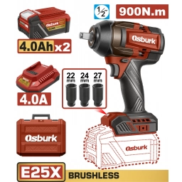 LLAVE DE IMPACTO A BATERIA 25V E25X 1/2" 900NM + 2 BAT 4.0AH + CARGADOR + ACCESORIOS + VALIJA USO INDUSTRIAL OSBURK KEW