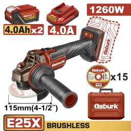 AMOLADORA ANGULAR A BATERIA 25V E25X 115MM (4-1/2") + 2 BAT 4.0AH + CARGADOR + 15 DISCOS + VALIJA USO INDUSTRIAL OSBURK