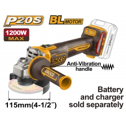 AMOLADORA ANGULAR 115MM 4 1/2" A BATERIA P20S 20V  BRUSHLESS  SIN BATERIA SIN CARGADOR INGCO CAGLI212025