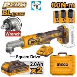LLAVE DE IMPACTO ANGULAR 80NM A BATERIA 20V P20S CON 2 BATERIAS 2.0AH + CARGADOR + 3 DADOS 13,17,19MM + VALIJA INGCO CAI