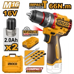 TALADRO ATORNILLADOR C/PERCUTOR 16V M16 66NM CON 2 BATERIAS 2.0AH + CARGADOR + 4 MECHAS + VALIJA INGCO CIDLI166062