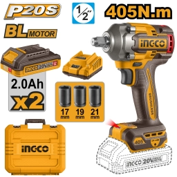 LLAVE DE IMPACTO A BATERIA P20S 20V 405NM + 3 DADOS 17, 19, 21MM CON 2 BATERIAS 2.0AH + CARGADOR + VALIJA INGCO CIWLI204