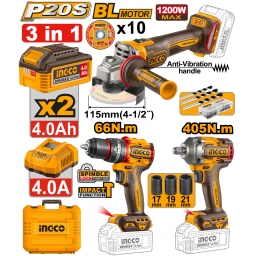 KIT COMBO A BATERIA P20S 20V 3 PCS EN 1 + DOS BATERIAS 4.0AH + CARGADOR + ACCESORIOS + VALIJA INGCO CKLI20358