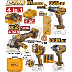 KIT COMBO A BATERIA P20S 4 EN 1 CON 2 BATERIAS 4.0AH + CARGADOR + ACCESORIOS + VALIJA INGCO COSLI251192