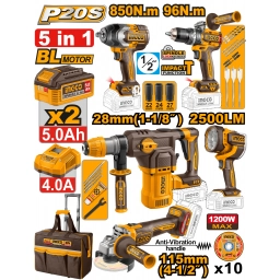 KIT COMBO A BATERIA P20S 20V 5PCS EN 1 CON 2 BATERIAS 5.0 AH + CARGADOR + BOLSO INGCO COSLI251193
