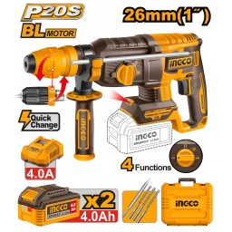 ROTOMARTILLO A BATERIA 26MM P20S 20V 2.5J SDS PLUS + 2 BAT 4.0AH + CARGADOR + ACCESORIOS + VALIJA INGCO CRHLI202689