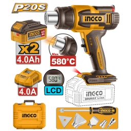 PISTOLA DE CALOR A BATERIA 20V 580°C PANT.LCD CON ACCESORIOS + 2 BATERIA 4.0AH + CARGADOR + VALIJA INGCO HGLI20582
