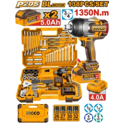 SET 138 HERRAMIENTAS + LLAVE DE IMPACTO 1350NM 20V + 2 BAT 5.0AH + CARGADOR + VALIJA INGCO HKTHP41383