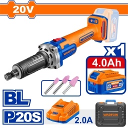 AMOLADORA RECTA A BATERIA 20V P20S + BATERIA 4.0AH + CARGADOR + ACCESORIOS + VALIJA WADFOW WZY1501