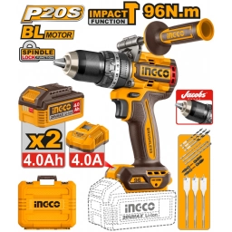 TALADRO ATORN. CON PERCUTOR 96NM A BATERIA 20V P20S CON 2 BAT 4.0AH + CARGADOR + ACCESORIOS + VALIJA  INGCO CIDLI209686