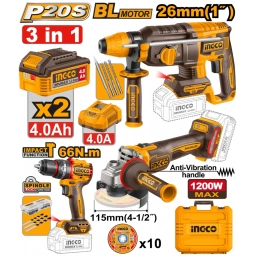 KIT COMBO A BATERIA 20V CON 2 BATERIAS 4.0AH + CARGADOR + ACCESORIOS + VALIJA INGCO CKLI202598