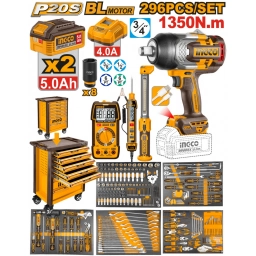 SET 296 HERRAMIENTAS LLAVE DE IMPACTO 1350NM + GABINETE CON 2 BATERIAS 5.0 AH + CARGADOR + ACCESORIOS INGCO HTCS282962