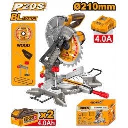 SIERRA INGLETADORA 210MM A BATERIA P20S 20V + 2 BATERIAS 4.0AH + CARGADOR + ACCESORIOS INGCO CMSLI20212