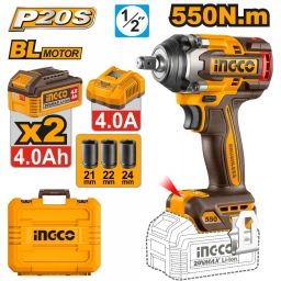 LLAVE DE IMPACTO 550NM A BATERIA P20S 20V + 2 BAT 4.0AH + CARGADOR + 3 DADOS + VALIJA INGCO CIWLI2055