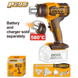 PISTOLA DE CALOR A BATERIA 580°C P20S 20V CON ACCESORIOS SIN BATERIA SIN CARGADOR INGCO HGLI2008