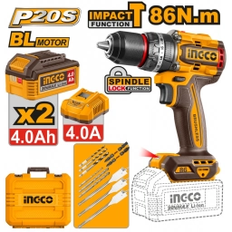TALADRO ATORNILLADOR CON PERCUTOR 86NM A BATERIA P20S 20V + 2 BAT 4.0AH + CARGADOR + ACCESORIOS + VALIJA INGCO CIDLI2086