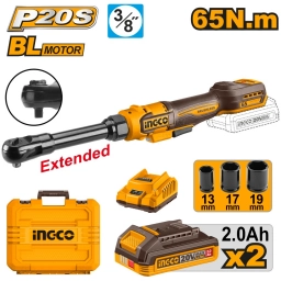 LLAVE CRIQUE EXTENSIBLE 65NM A BATERIA P20S 20V CON 2 BATERIAS 2.0AH + CARGADOR + 3 DADOS + VALIJA INGCO CDRLI2065292