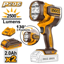 LINTERNA A BATERIA P20S 20V 2500 LUMENS + 2 BAT 2.0AH + CARGADOR INGCO CWLI20887