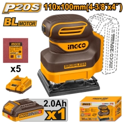 LIJADORA ORBITAL A BATERIA 20V P20S 110X100MM + BATERIA 2.0AH + CARGADOR + 5 LIJAS INGCO CSHSLI20241