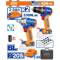 KIT COMBO A BATERIA 20V TALADRO ATORN. CON PERCUTOR 62NM + LLAVE IMPACTO 330NM + 2 BAT 2.0AH + CARGADOR + ACCESORIOS + V