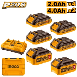 SET X 6 BATERIAS 20V P20S (4X2AH 2X4AH) + CARGADOR DOBLE + VALIJA INGCO COSLI230701