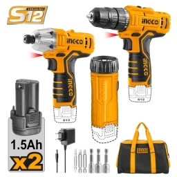KIT ATORNILLADOR A BATERIA 12V LINTERNA Y ATORNI DE IMPACTO INGCO CKLI1203
