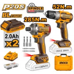 SET ATORNILLADOR DE IMPACTO A BATERIA 20V 285NM + ATORNILLADOR 20V 52NM C 2 BAT CARGADOR + VALIJA INGCO P20S CKLI20272