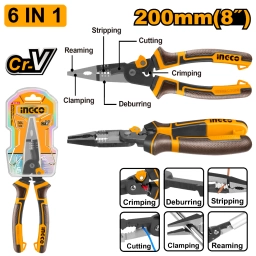 PINZA PUNTA FINA 8" 200MM CR-V MULTIFUNCION 6 EN 1 INGCO HMFLNP28200