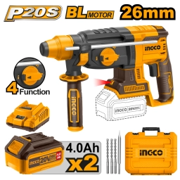 ROTOMARTILLO A BATERIA 20V P20S 26MM 4 FUNCIONES BRUSHLESS C 2 BAT X 4 AH + CARG + VALIJA Y PUNTAS INGCO CRHLI202287