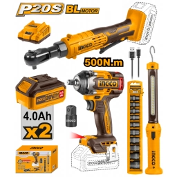 COMBO LLAVE DE IMPACTO 500NM 20V A BATERIA + LLAVE CRIQUE 20V + LINTERNA + SET DA COSLI240461 INGCO