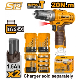 KIT ATORNILLADOR A BATERIA 12V S12  C PERCUTOR 20NM + SET DE MECHAS +  PUNTAS +  2 BAT INGCO COSLI23114