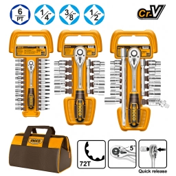 SET 57 PIEZAS CRIQUE Y DADOS CR-V 1/4 3/8 1/2 C BOLSO INGCO COS23092