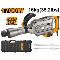 MARTILLO DEMOLEDOR INGCO 1700W 50J 16KG SDS HEXAGONAL C VALIJA