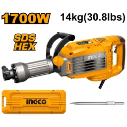 MARTILLO DEMOLEDOR 50J 1700W 14KG SDS HEX C VALIJA  Y PUNTA  INGCO PDB170068
