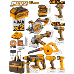 COMBO A BATERIA 20V 9 HERRAMIENTAS CON CARRO ROLLING C 2 BAT X 4.0AH INGCO CKLI2098