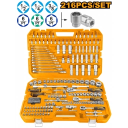 JUEGO DE DADOS, PUNTAS Y LLAVES 216PCS 14-12-38 - HKTHP22161