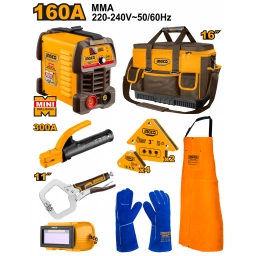 SET DE 8PCS PARA SOLDADOR (SOLDADORA INVERTER DE ELECTRODOS 160AMP + PINZAS PORTA ELECTRODO + ESCUADRAS + GUANTES DE SOL