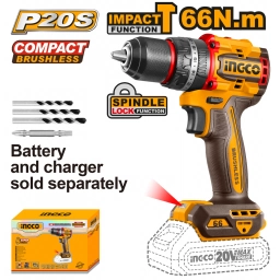 TALADRO ATORNILLADOR CPERCUTOR A BATERIA 13MM 20V P20S COMPACT BRUSHLESS EN CAJA SBAT CIDLI206681 INGCO