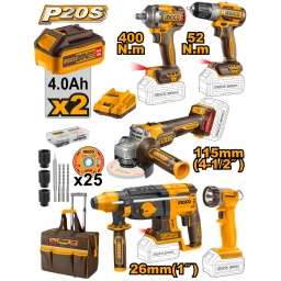 COMBO HERRAMIENTAS A BATERIA 5PCS (AMOLADORA + LLAVE DE IMPACTO + TALADRO ATORNILLADOR + ROTOMARTILLO + LINTERNA) C/ BOL