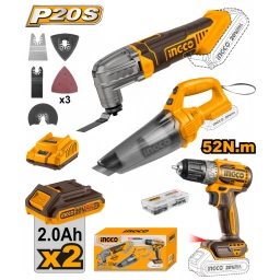 COMBO TALADRO ATORNILLADOR 10MM 52NM 20V P20S BRUSHLESS + HERRAMIENTA MULTIFUNCION A BATERIA 20V P20S + ASPIRADORA A BAT