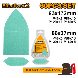 SET X 60 LIJAS DELTA 93X172MM Y ESPADA 86X27MM PARA LIJADORA GRANOS 40 80 120 180 INGCO AKTS938660