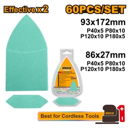 SET X 60 LIJAS DELTA 93X172MM Y ESPADA 86X27MM PARA LIJADORA GRANOS 40 80 120 180 INGCO AKTS938660