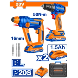 COMBO TALADRO A BATERIA 10MM CPERCUTOR BRUSHLESS 20V P20S + ROTOMARTILLO A BATERIA 1,5J 20V P20S EN VALIJA C2 BAT WOS