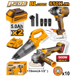 COMBO LLAVE DE IMPACTO A BATERIA 12 850NM BRUSHLESS 20V P20S + AMOLADORA A BATERIA 4 12 BRUSHLESS 20V P20S + ASPIRAD