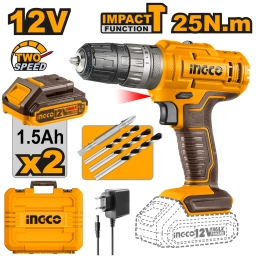 ATORNILLADOR 12 V C PERCUTOR 25NM 1.5AH X 2 BAT Y VALIJA INGCO
