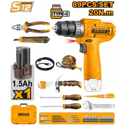 KIT ATORNILLADOR 12V 20MM EN VALIJA (CDLI12428) + 89 HERRAMIENTAS C/BAT Y CARGADOR INGCO - HKTHP10891 