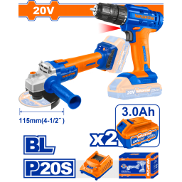 SET AMOLADORA BRUSHLESS + ATORNILLADOR A BATERIA 20V C 2 BAT 3.0 AMP + CARGADOR WADFOW - WCK20512