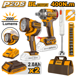 SET LLAVE DE IMPACTO 400NM 20V BATERIA P20S + LINTERNA 2000LM + MIXER C BAT Y BOLSO INGCO COSLI240961